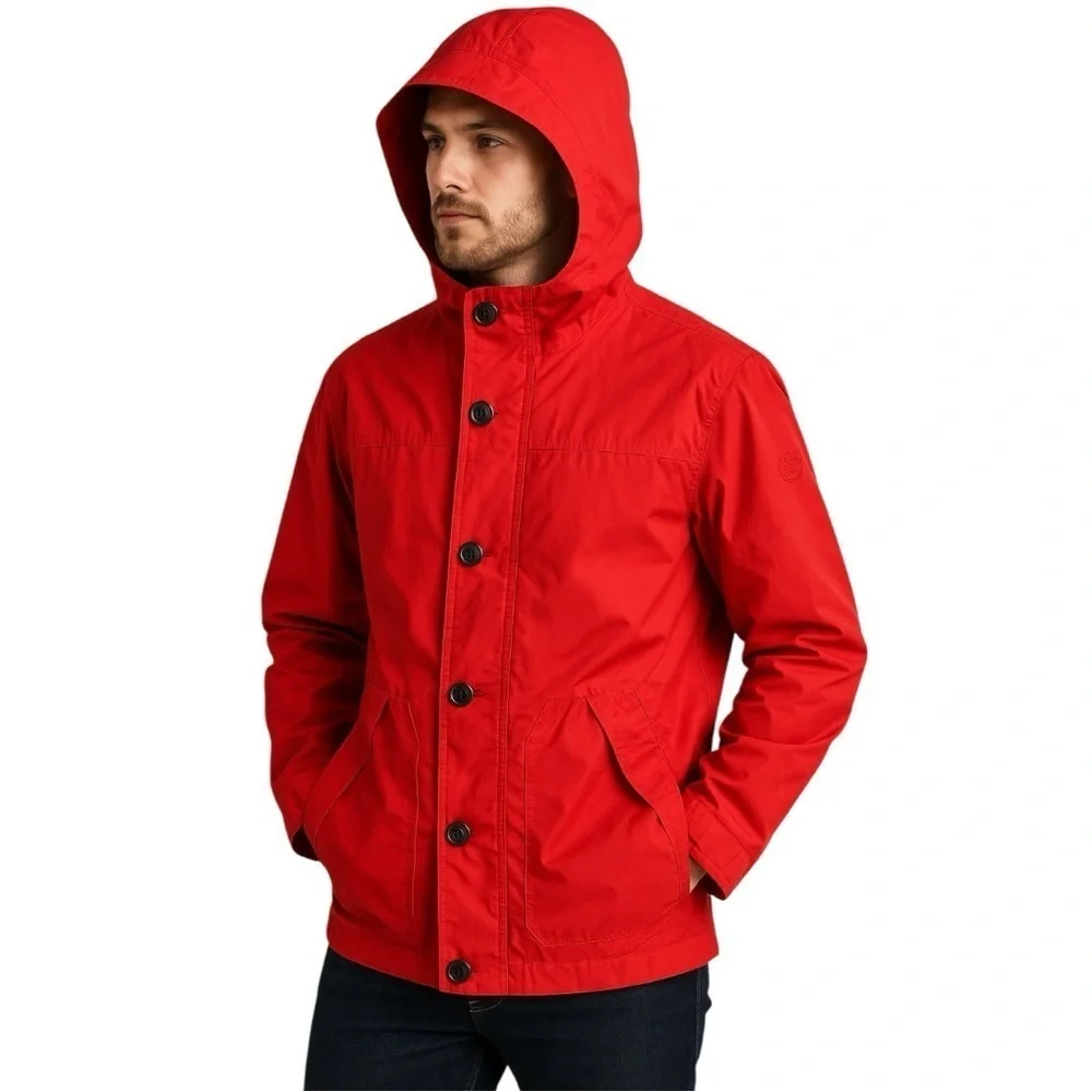 Timberland Men’s Red Waterproof Hooded Performance Rain Jacket Size Small